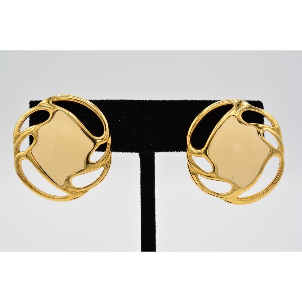 Monet Vintage Clip On Earrings Off White Enamel Gold Chunky Signed 1980s BinAI